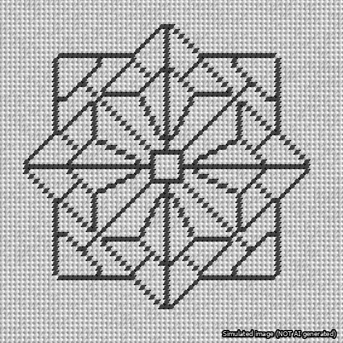 A simulated image of the stitched needlepoint design: 8-Pointed Mandala Outline Black. Not A.I. generated.