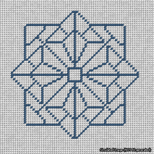 A simulated image of the stitched needlepoint design: 8-Pointed Mandala Outline Blue. Not A.I. generated.