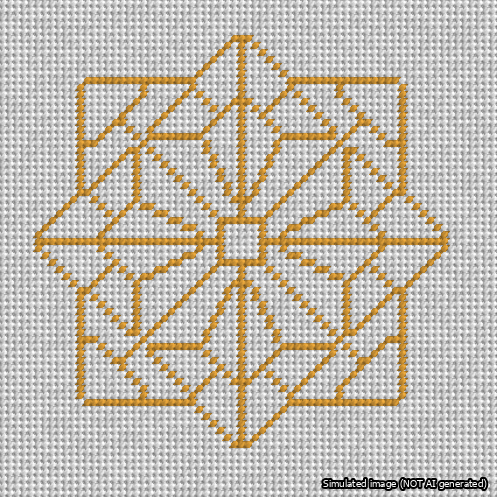A simulated image of the stitched needlepoint design: 8-Pointed Mandala Outline Gold. Not A.I. generated.
