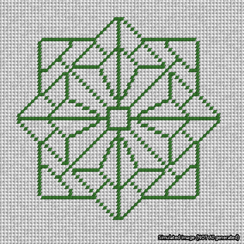 A simulated image of the stitched needlepoint design: 8-Pointed Mandala Outline Green. Not A.I. generated.