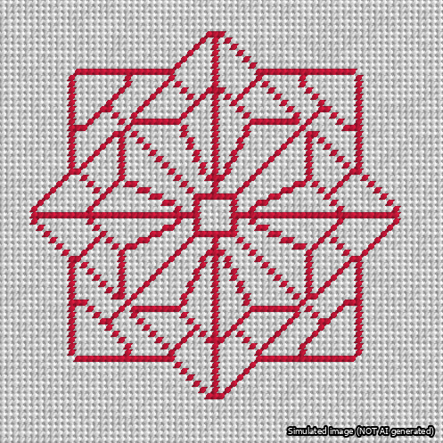 A simulated image of the stitched needlepoint design: 8-Pointed Mandala Outline Red. Not A.I. generated.
