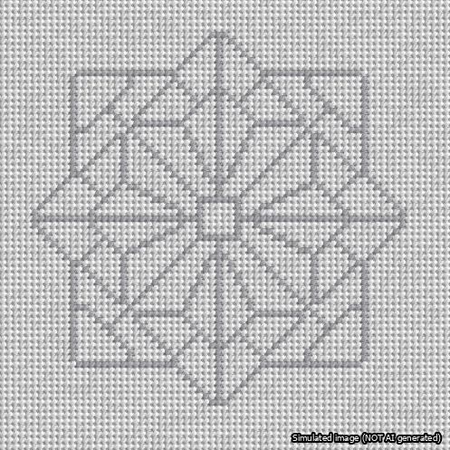 A simulated image of the stitched needlepoint design: 8-Pointed Mandala Outline Silver. Not A.I. generated.