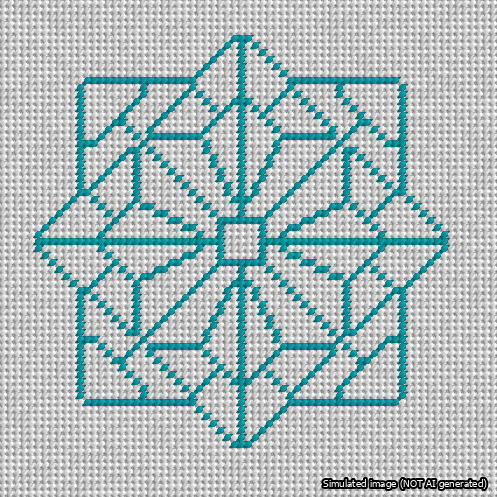 A simulated image of the stitched needlepoint design: 8-Pointed Mandala Outline Turquoise. Not A.I. generated.