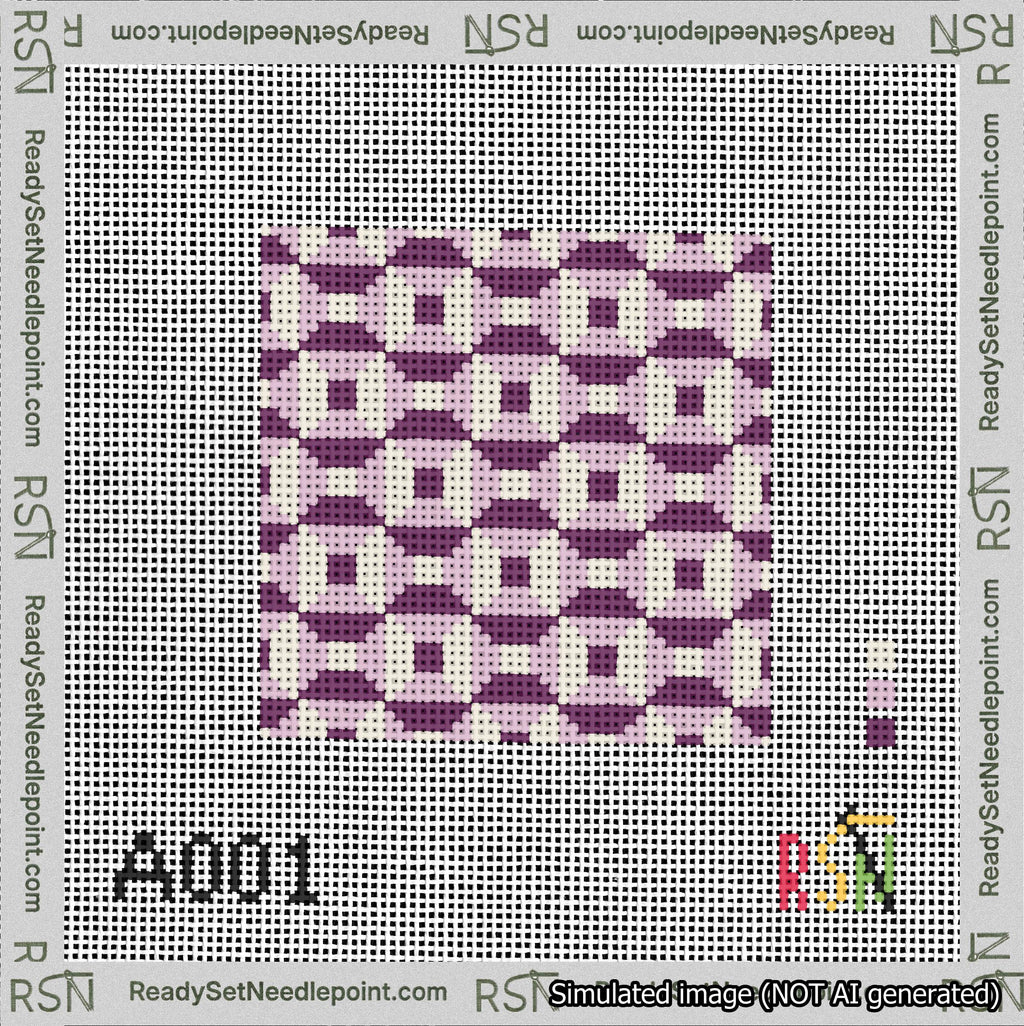 A taped needlepoint canvas with the design: Abstract Squares Purple.