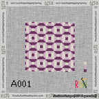 A taped needlepoint canvas with the design: Abstract Squares Purple.