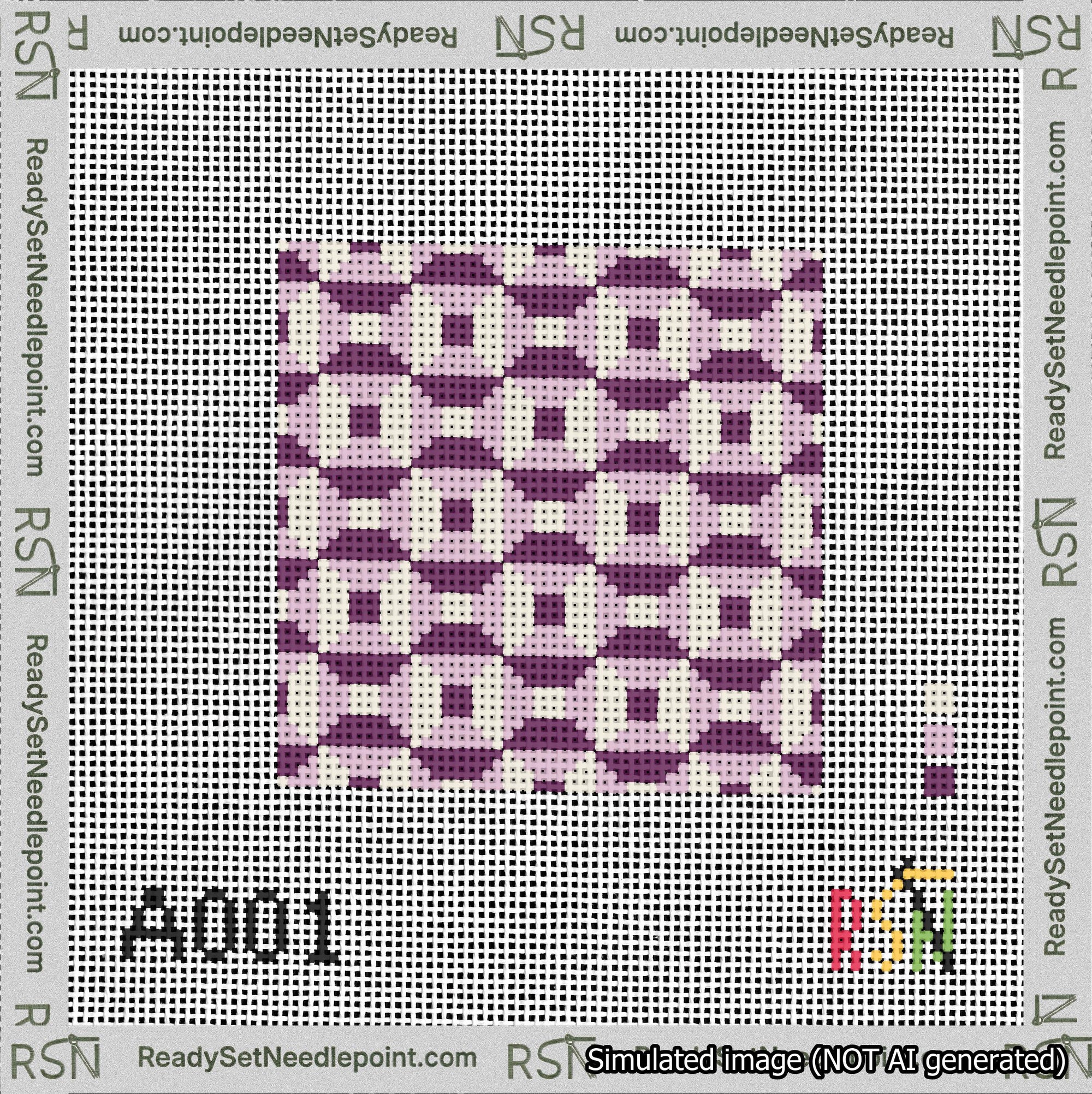 A taped needlepoint canvas with the design: Abstract Squares Purple.