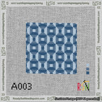A taped needlepoint canvas with the design: Abstract Squares Blue.
