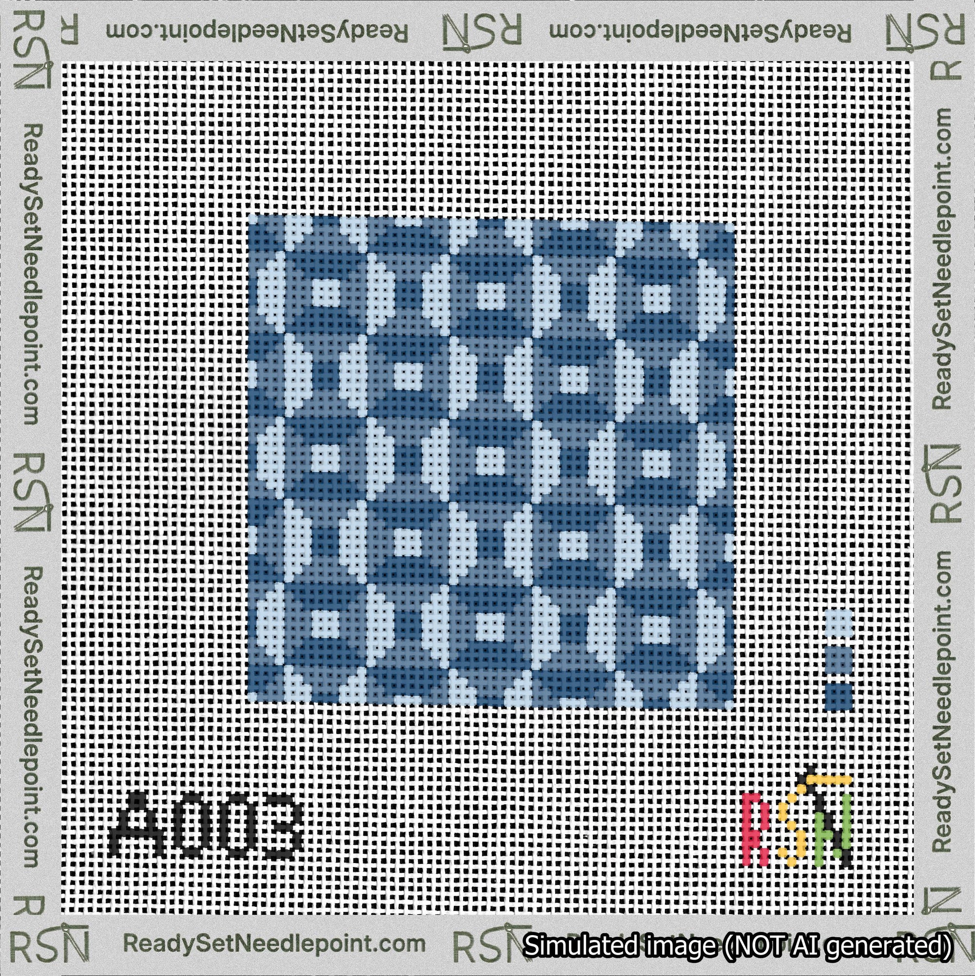 A taped needlepoint canvas with the design: Abstract Squares Blue.