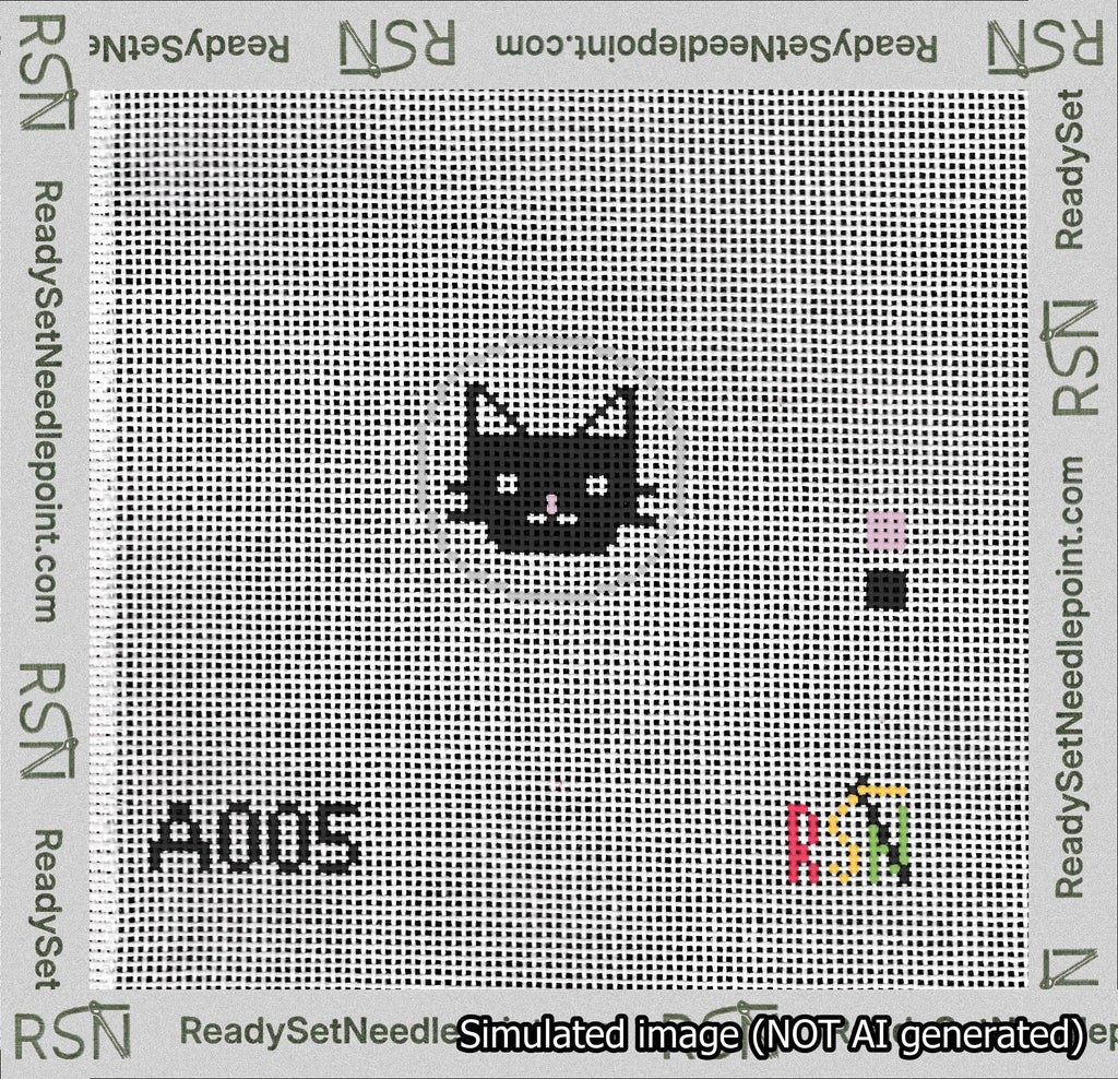 A taped needlepoint canvas with the design: Circle Black Cat.