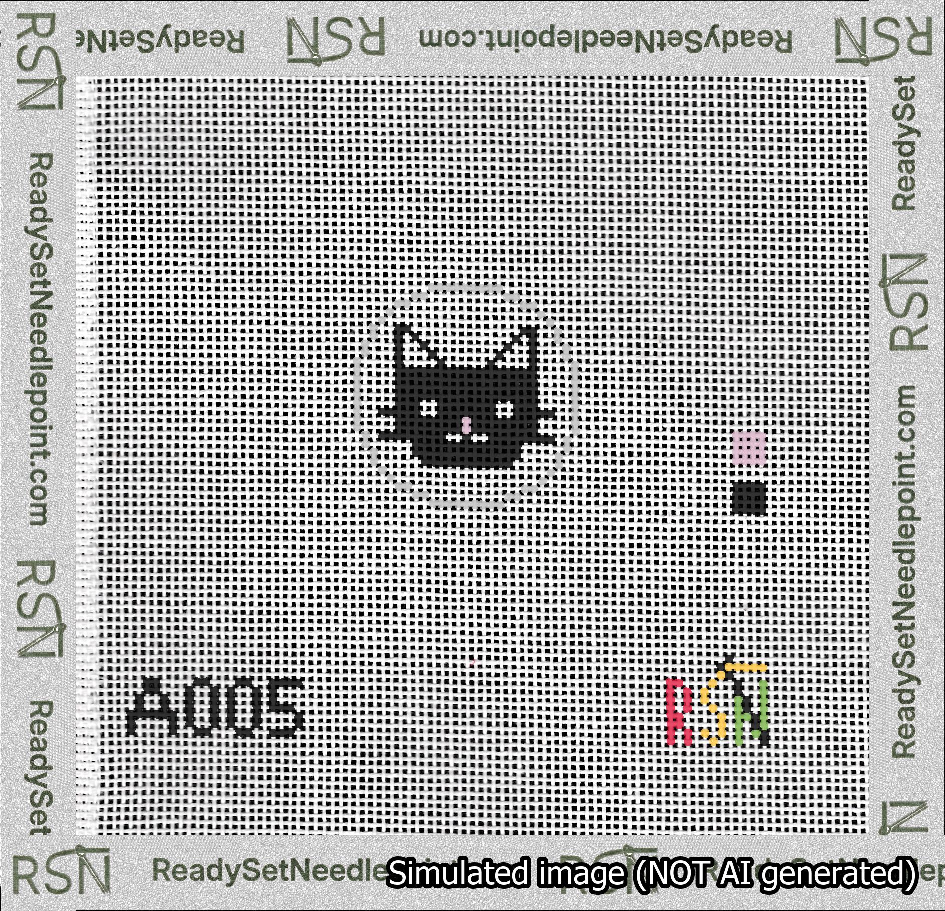A taped needlepoint canvas with the design: Circle Black Cat.