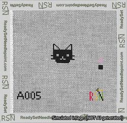 A taped needlepoint canvas with the design: Circle Black Cat.