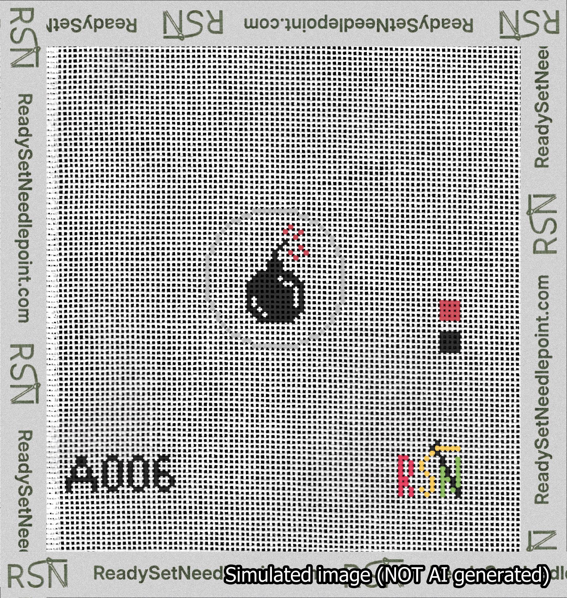 A taped needlepoint canvas with the design: Circle Bomb.