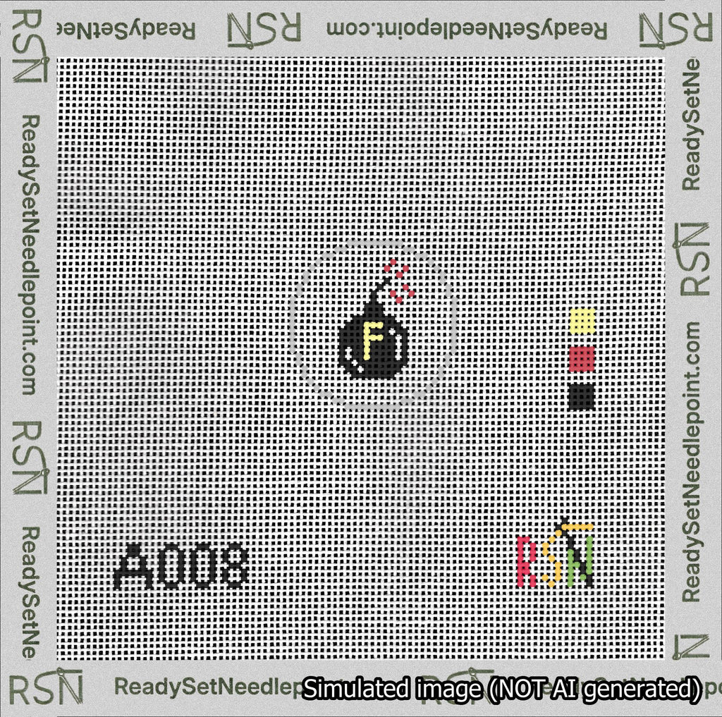 A taped needlepoint canvas with the design: Circle F-Bomb.