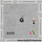 A taped needlepoint canvas with the design: Circle F-Bomb.