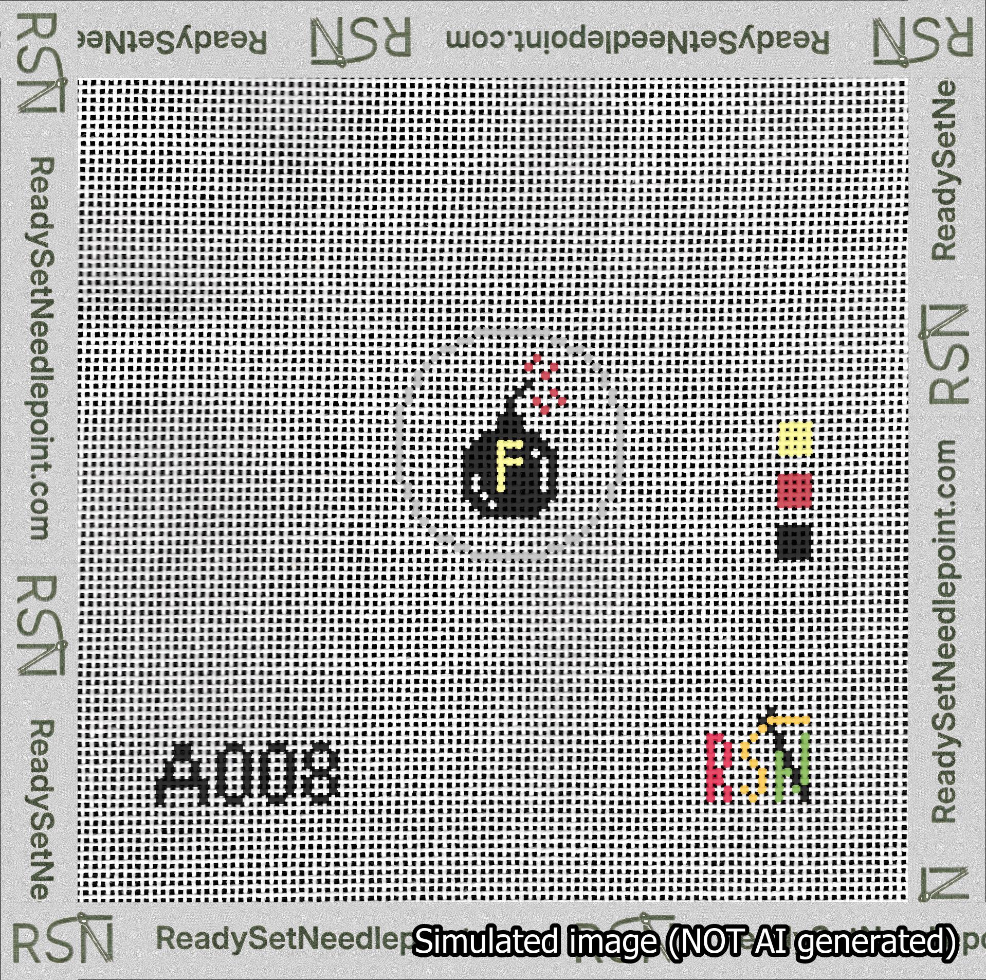 A taped needlepoint canvas with the design: Circle F-Bomb.