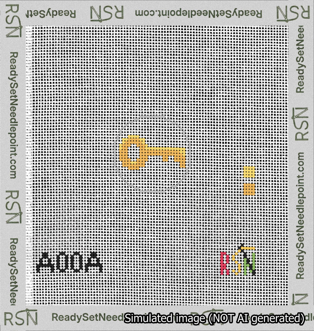 A taped needlepoint canvas with the design: Circle Gold Key.