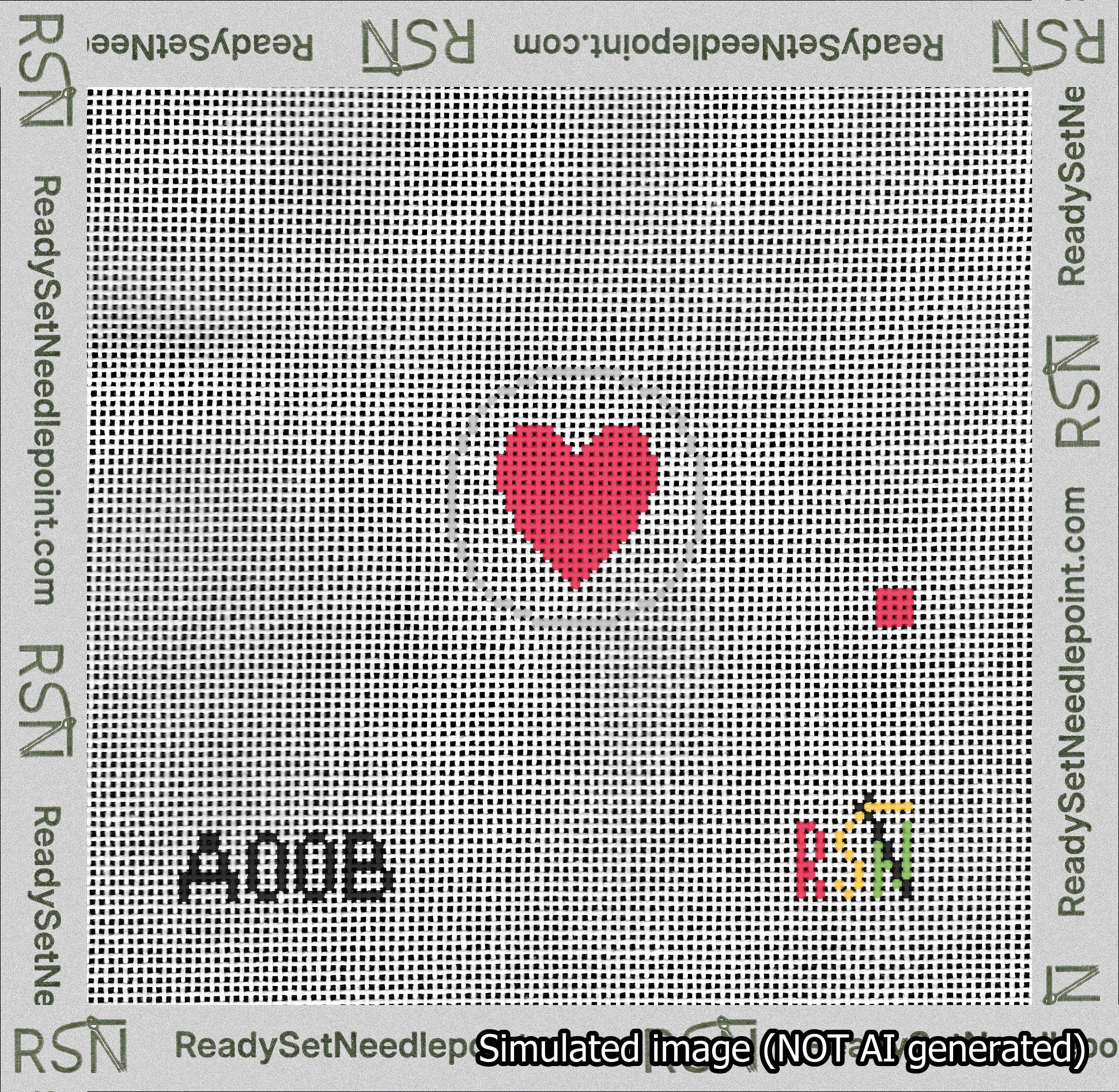 A taped needlepoint canvas with the design: Circle Heart Red.