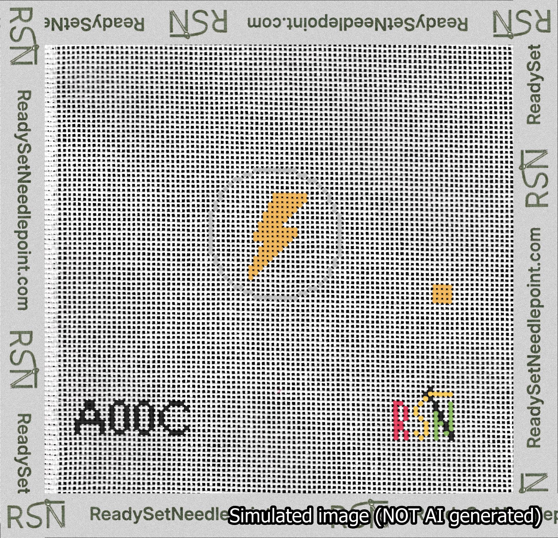 A taped needlepoint canvas with the design: Circle Lightning.