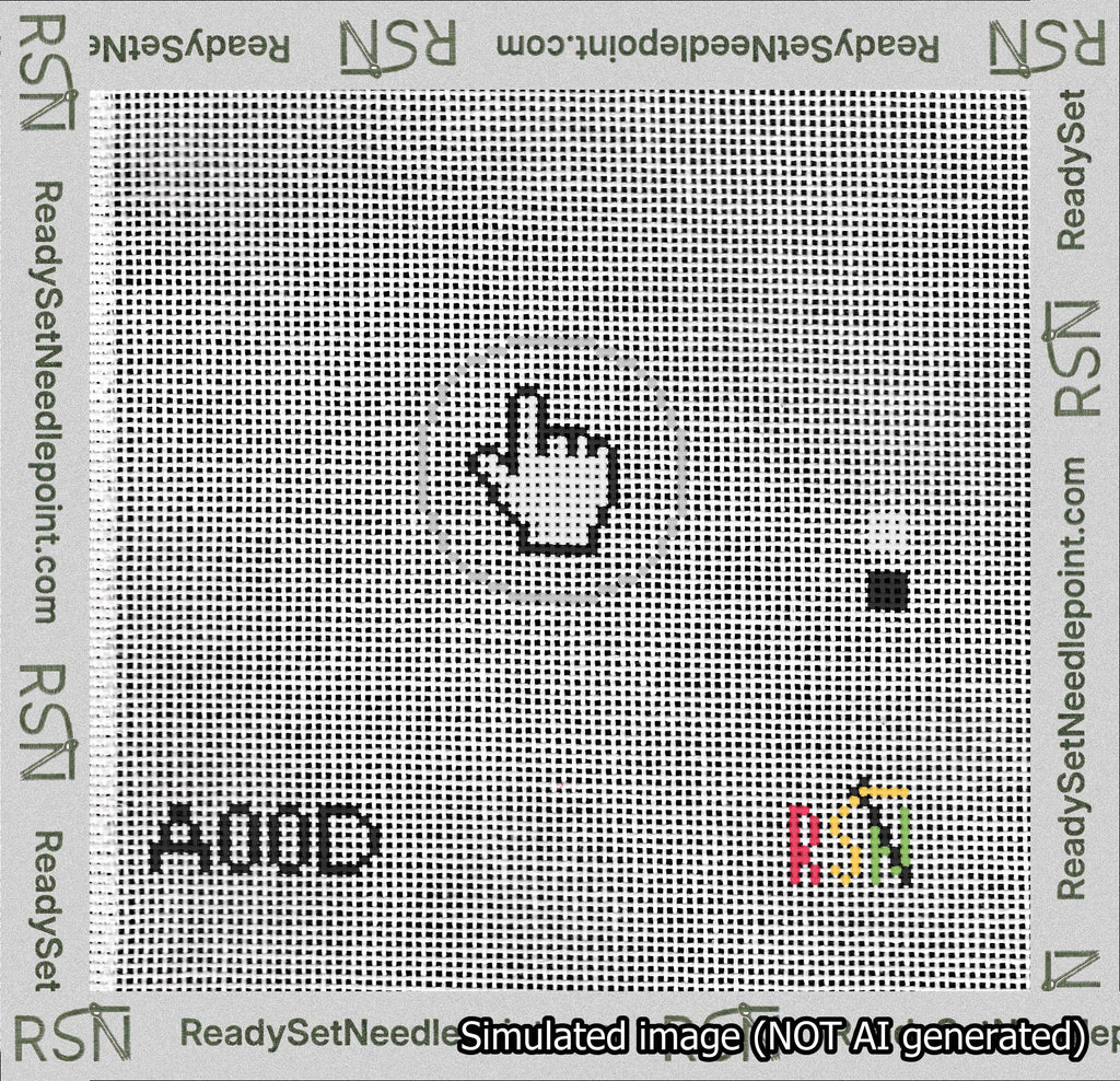 A taped needlepoint canvas with the design: Circle Mouse Pointer Hand.