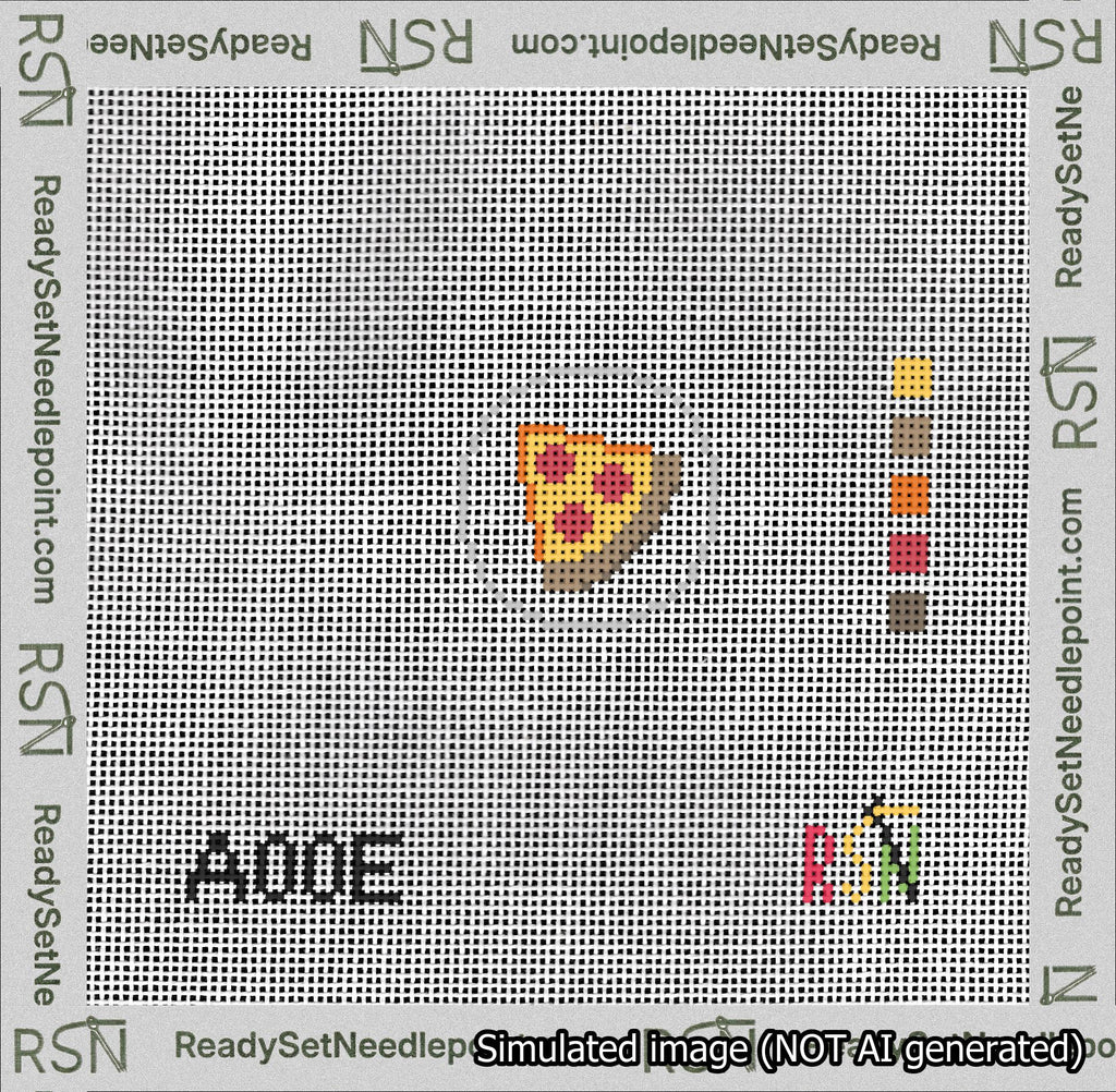 A taped needlepoint canvas with the design: Circle Pepperoni Pizza Slice.