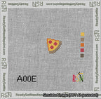 A taped needlepoint canvas with the design: Circle Pepperoni Pizza Slice.