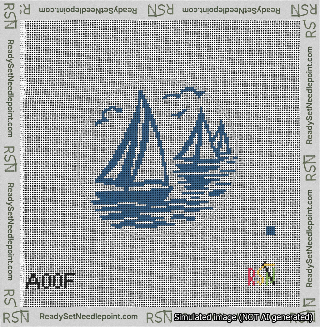 A taped needlepoint canvas with the design: Sailboats Delft Blue.
