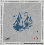 A taped needlepoint canvas with the design: Sailboats Delft Blue.