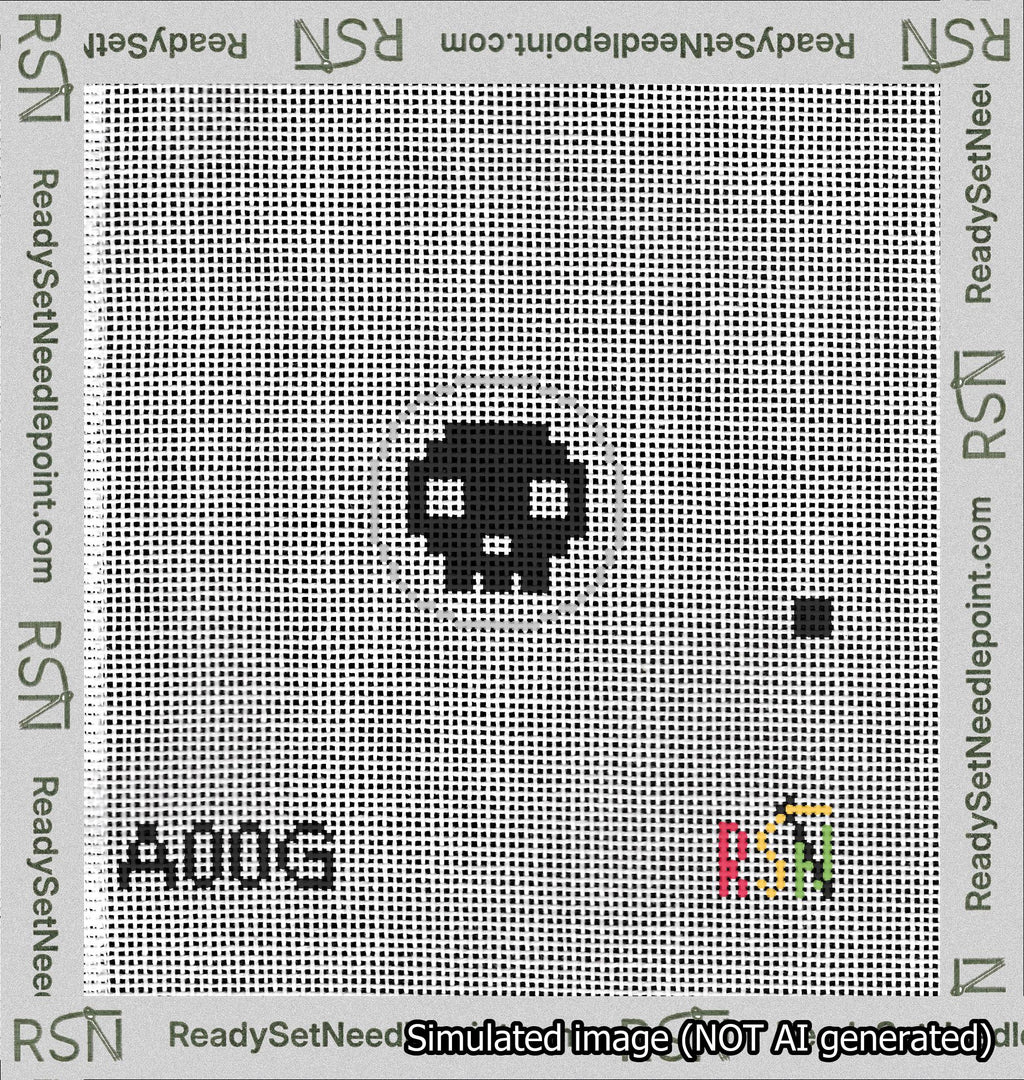 A taped needlepoint canvas with the design: Circle Skull Black on White.