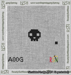 A taped needlepoint canvas with the design: Circle Skull Black on White.