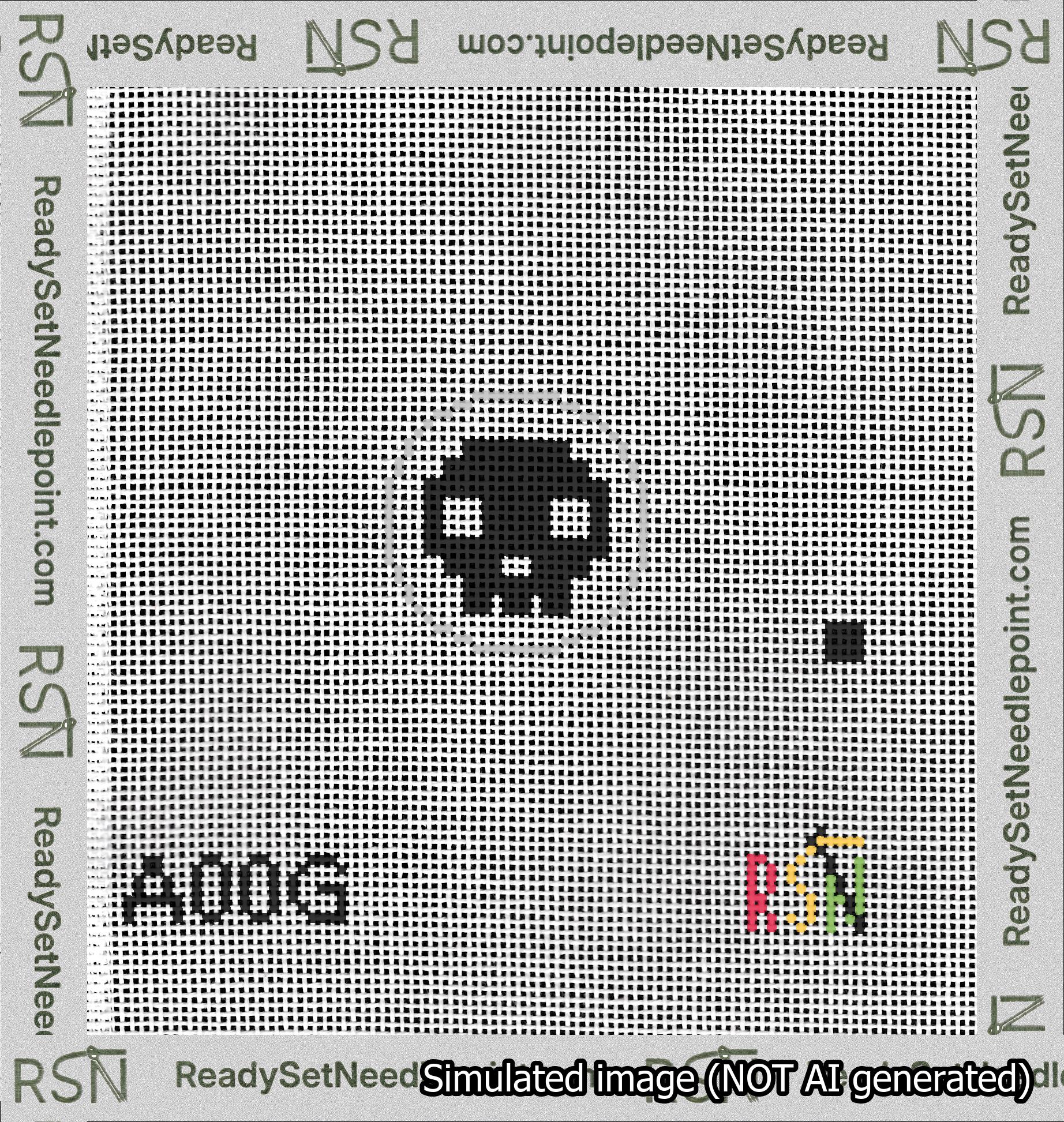 A taped needlepoint canvas with the design: Circle Skull Black on White.