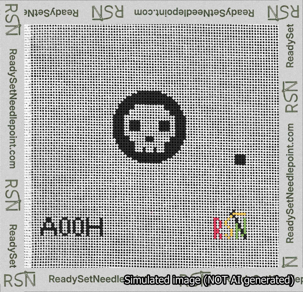 A taped needlepoint canvas with the design: Circle Skull White on Black.