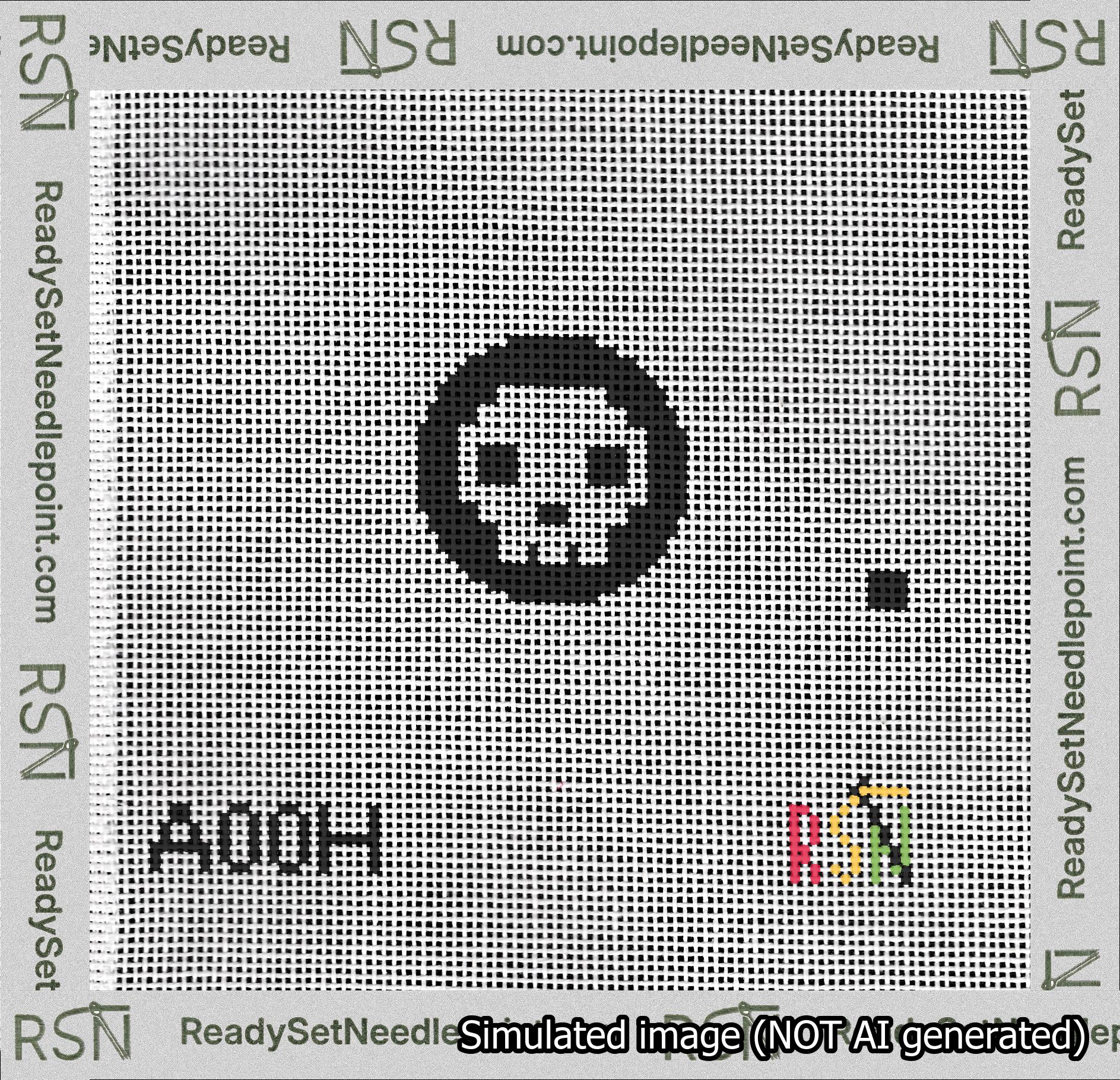 A taped needlepoint canvas with the design: Circle Skull White on Black.