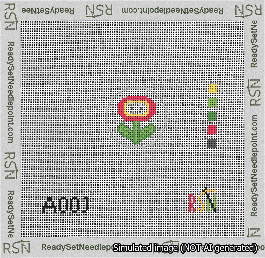 A taped needlepoint canvas with the design: Circle Fire Flower.