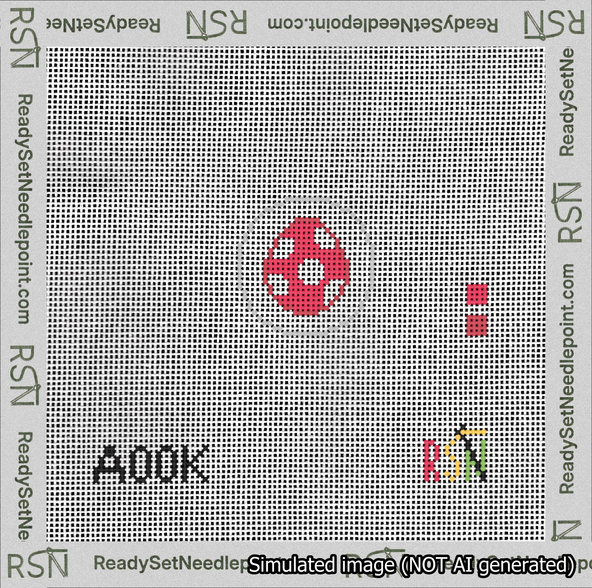 A taped needlepoint canvas with the design: Circle Red Yoshi Egg.