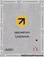 A taped needlepoint canvas with the design: Destination Unknown Passport Cover.