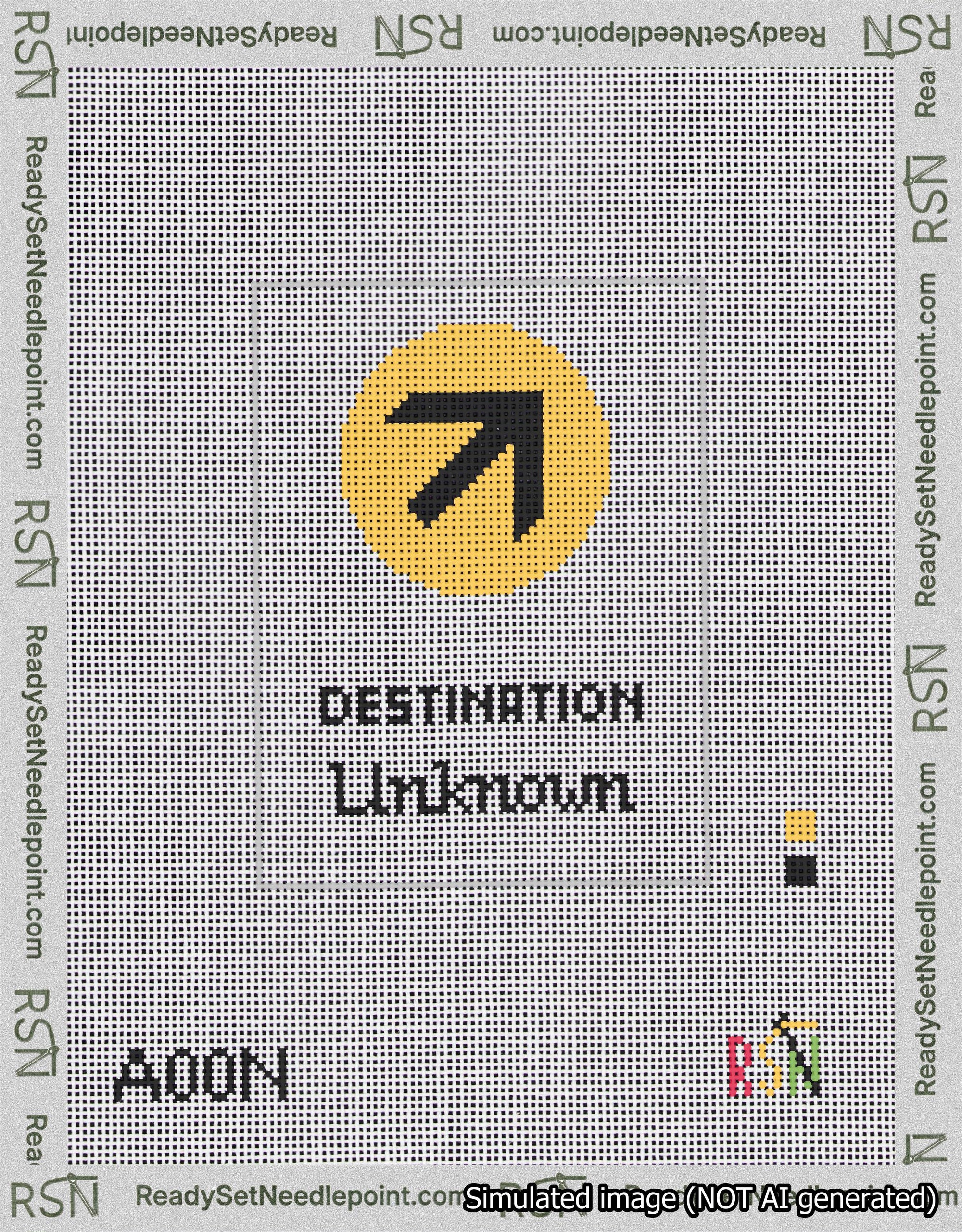 A taped needlepoint canvas with the design: Destination Unknown Passport Cover.