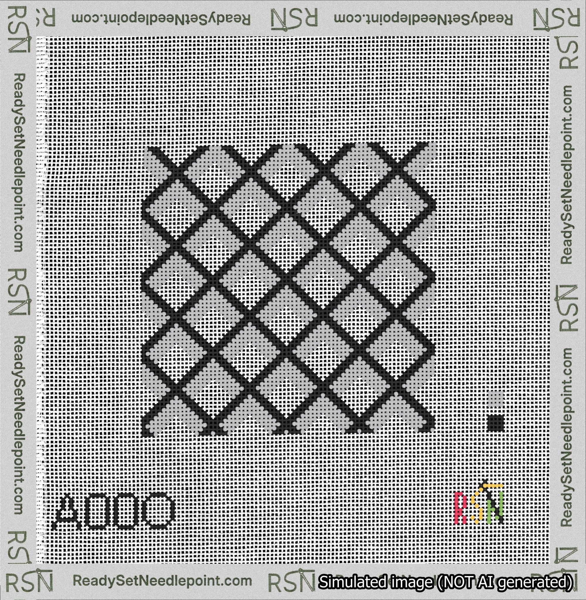 A taped needlepoint canvas with the design: Dimensional Diamonds Black and White.
