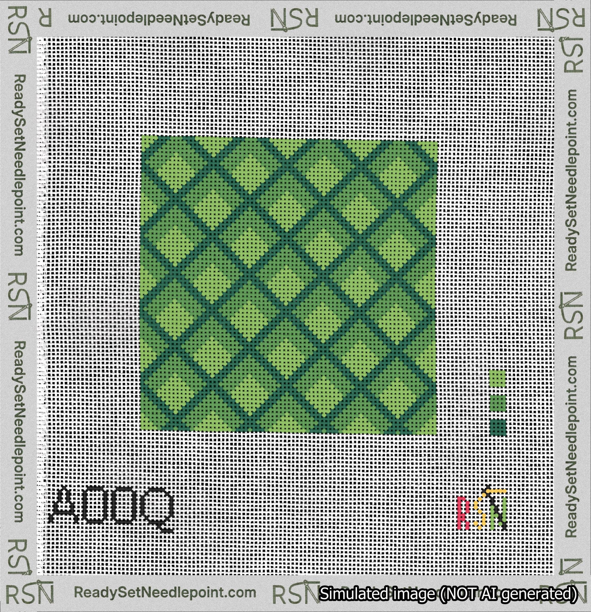 A taped needlepoint canvas with the design: Dimensional Diamonds Green.