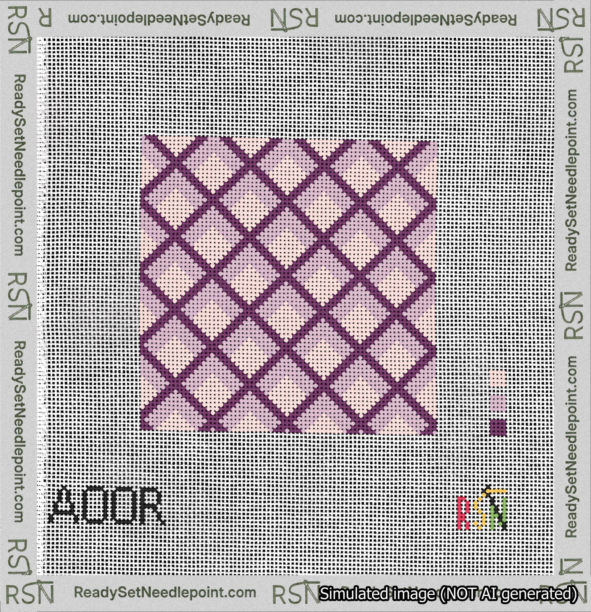 A taped needlepoint canvas with the design: Dimensional Diamonds Purple.