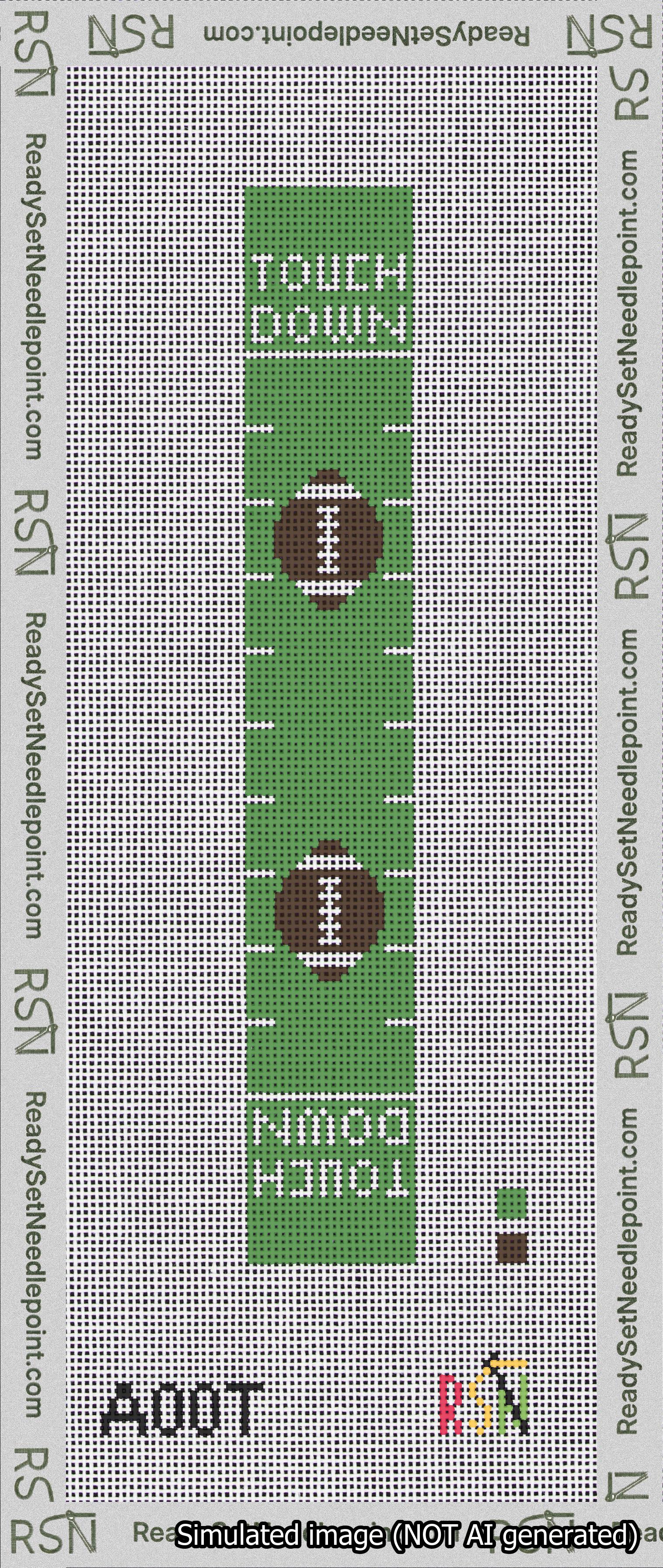 A taped needlepoint canvas with the design: Football Key Fob.