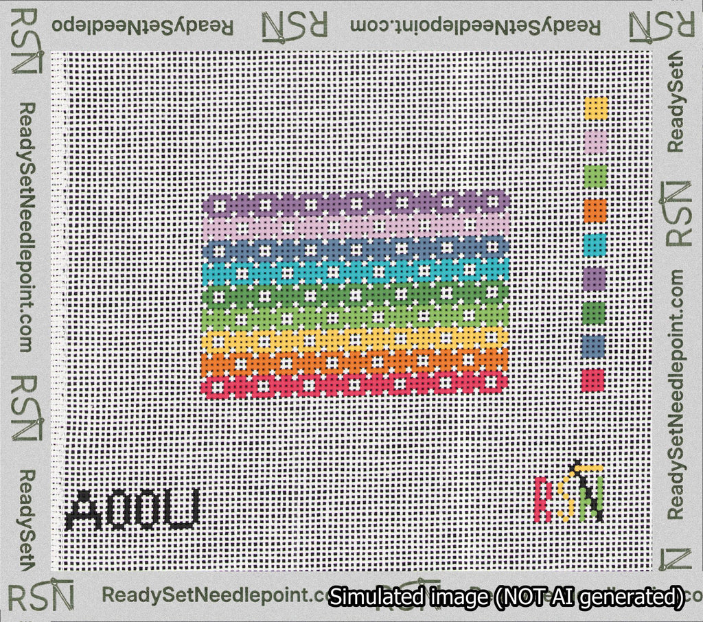 A taped needlepoint canvas with the design: Geometric Rainbow Bag Tag.
