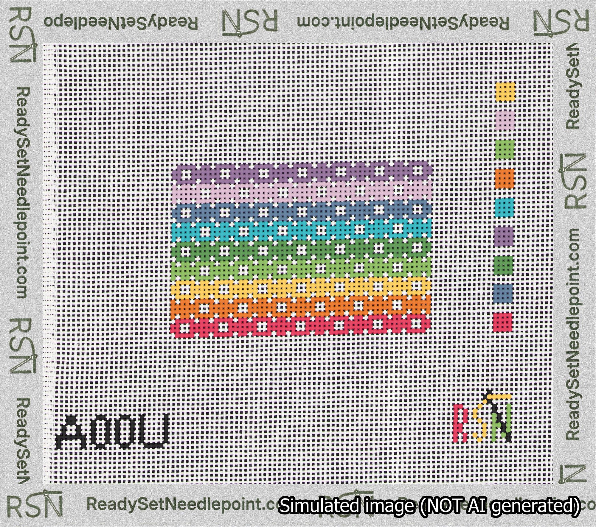 A taped needlepoint canvas with the design: Geometric Rainbow Bag Tag.