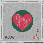 A taped needlepoint canvas with the design: Joy Heart Circle.