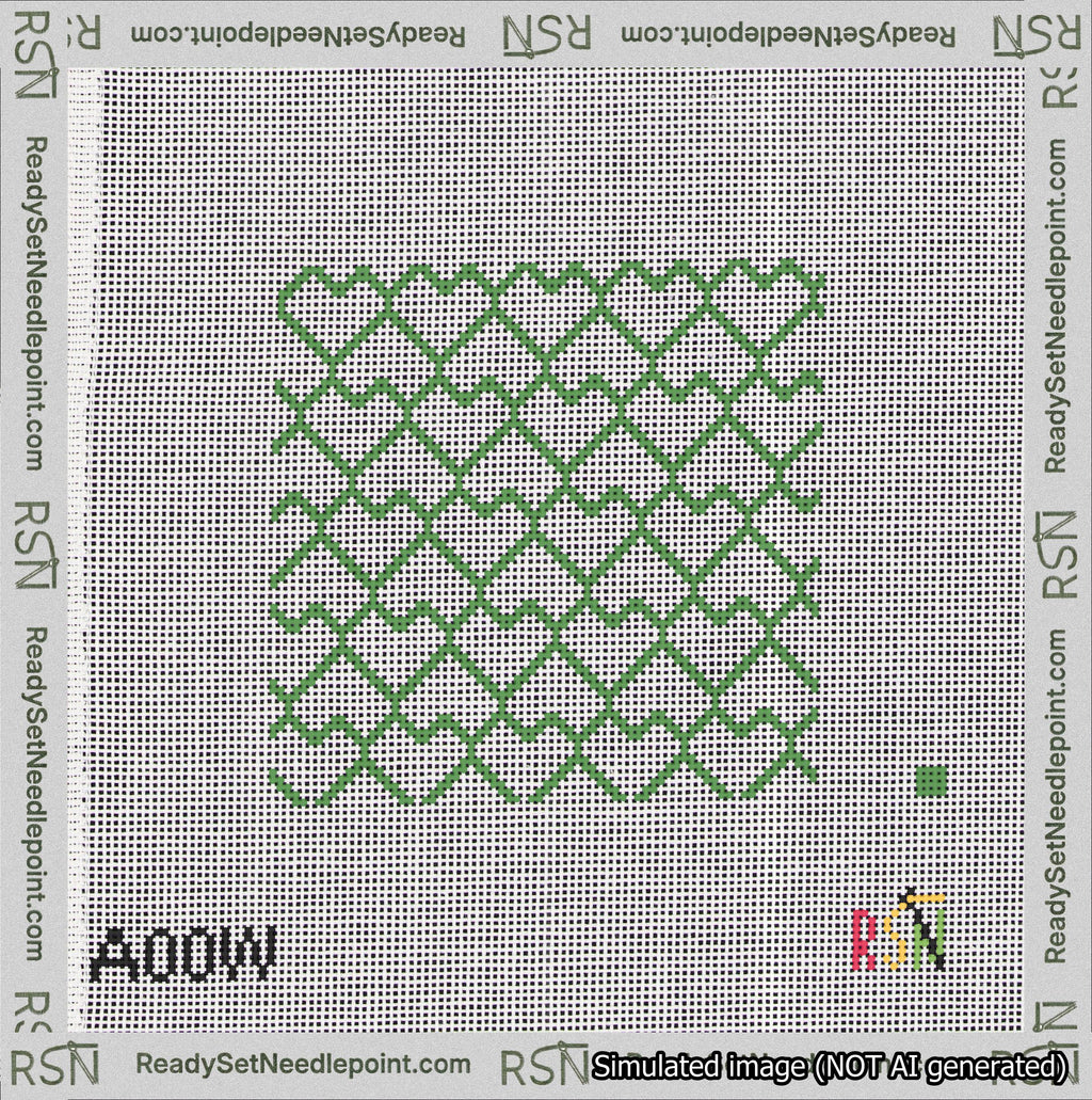 A taped needlepoint canvas with the design: Lopsided Heart Grid Green on White.