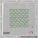 A taped needlepoint canvas with the design: Lopsided Heart Grid Green on White.