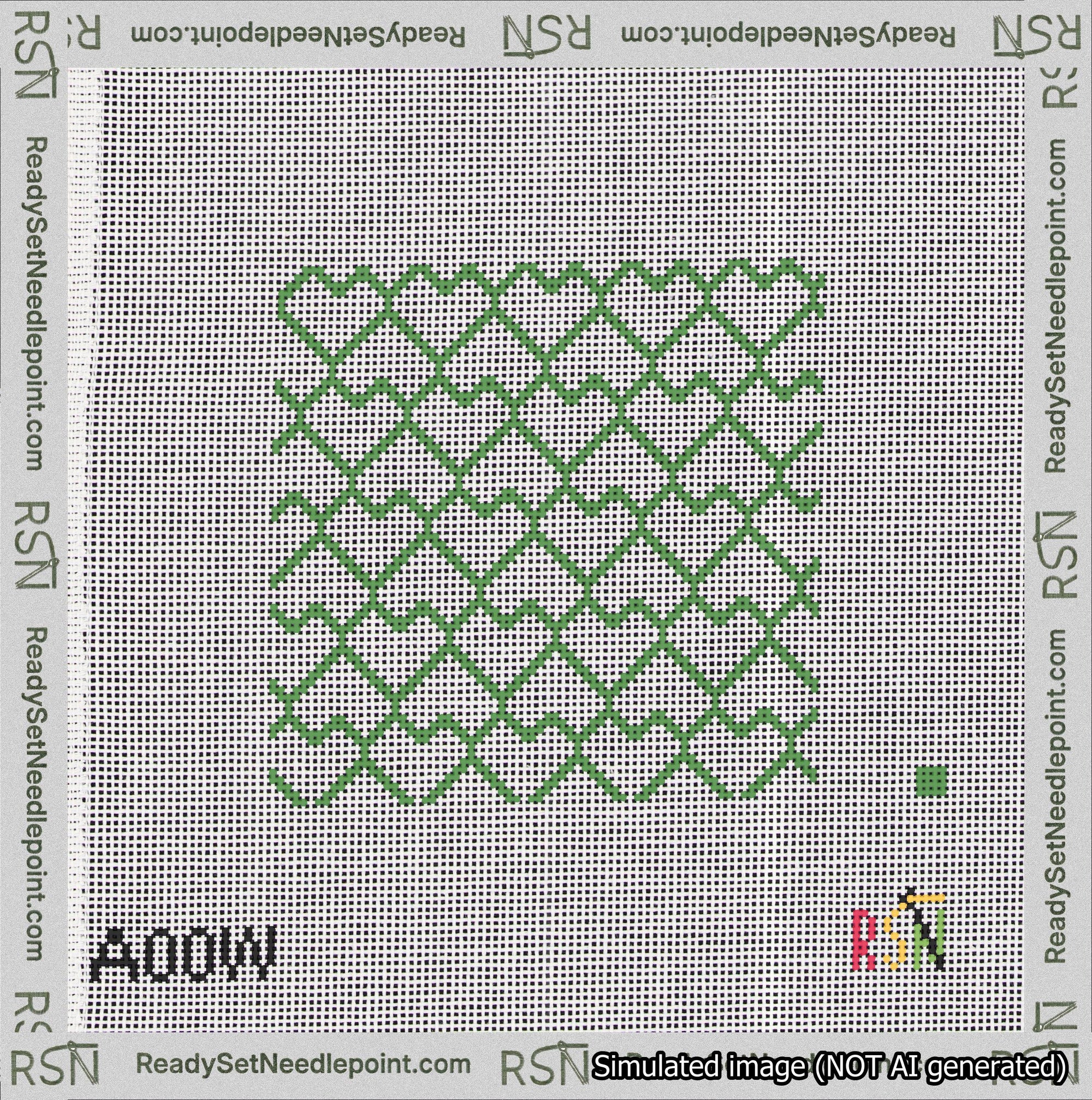 A taped needlepoint canvas with the design: Lopsided Heart Grid Green on White.