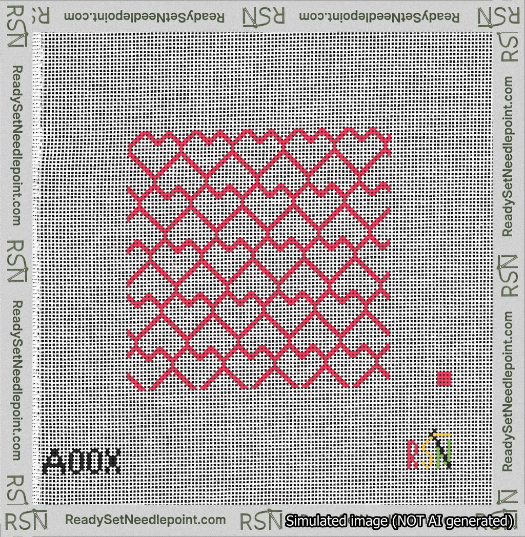 A taped needlepoint canvas with the design: Lopsided Heart Grid Red on White.