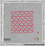 A taped needlepoint canvas with the design: Lopsided Heart Grid Red on White.