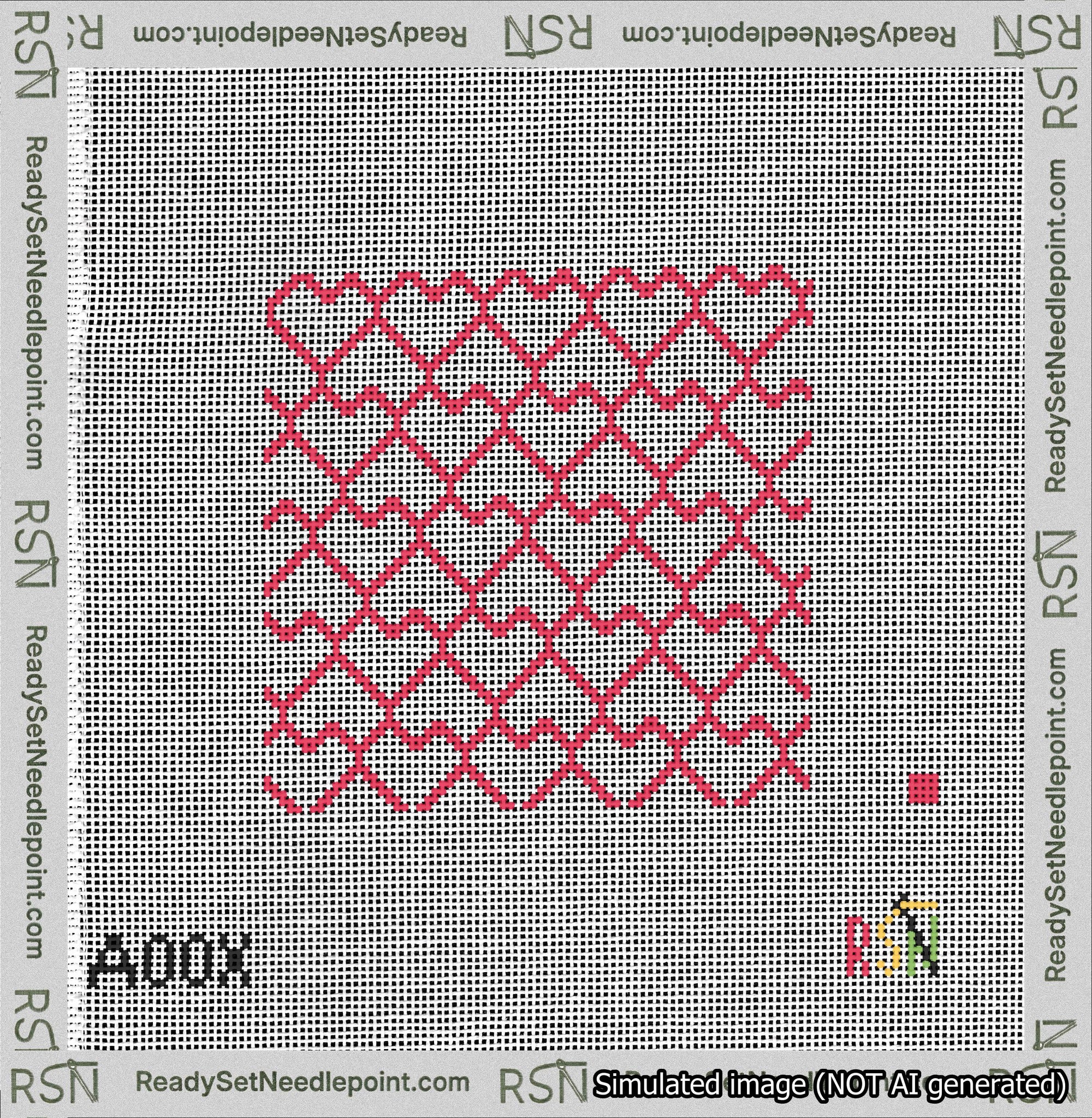 A taped needlepoint canvas with the design: Lopsided Heart Grid Red on White.