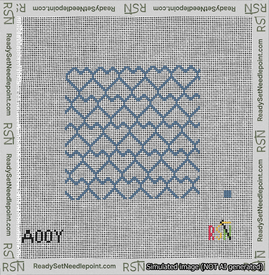 A taped needlepoint canvas with the design: Lopsided Heart Grid Blue on White.
